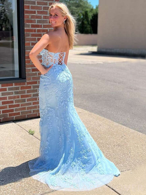 Sky Blue Tulle Strapless Mermaid Appliques Long Evening Prom Dresses, Custom prom Dress, MR8594