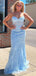 Sky Blue Tulle Strapless Mermaid Appliques Long Evening Prom Dresses, Custom prom Dress, MR8594