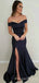 Off Shoulder Dark Navy Satin Mermaid Long Evening Prom Dresses, Custom Prom Dress, MR8598