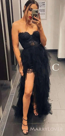 Black Tulle Strapless A-line Long Evening Prom Dresses, Custom High Slit Prom Dress, MR8609