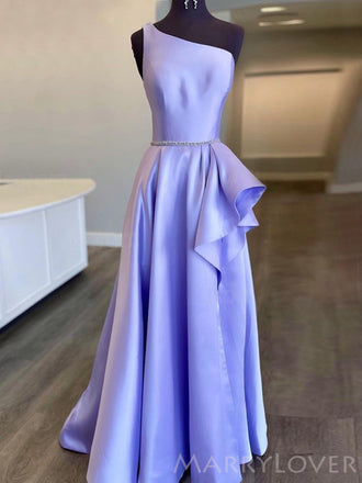 One Shoulder Satin Beaded Long Evening Prom Dresses, Custom A-line Prom Dress, MR8612