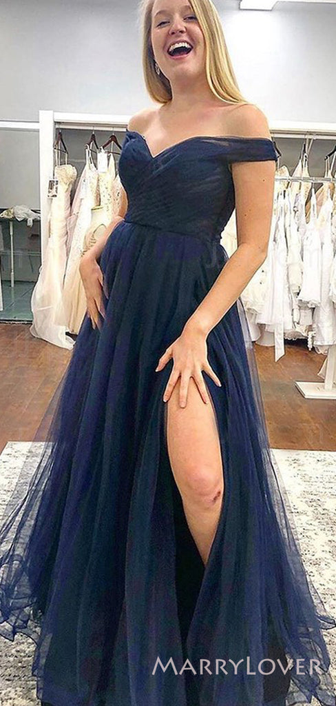 Navy Blue Tulle Off Shoulder Long Evening Prom Dresses, Custom A-line Prom Dress, MR8613