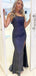 Simple One Shoulder Mermaid Navy Blue Sequins Long Evening Prom Dresses, Custom Prom Dress, MR8615