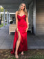 Red Satin Mermaid Strapless Long Evening Prom Dresses, Custom Side Slit Prom Dress, MR8619