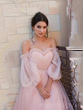 Off Shoulder Pink Tulle A-line Long Evening Prom Dresses, Custom Prom Dress, MR8623