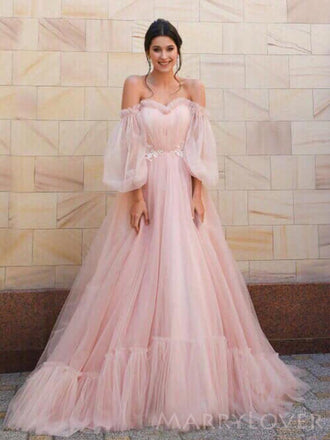 Off Shoulder Pink Tulle A-line Long Evening Prom Dresses, Custom Prom Dress, MR8623