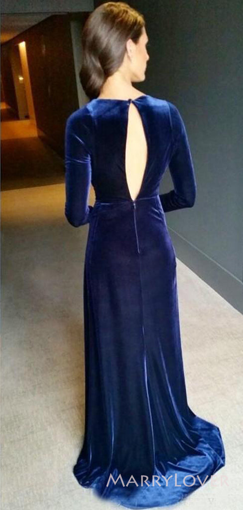 Long Sleeves Navy Blue Velvet Long Evening Prom Dresses, Custom High Slit Prom Dress, MR8629