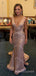Deep V-neck Gold Sequins Mermaid Long Evening Prom Dresses, Custom Prom Dress, MR8632