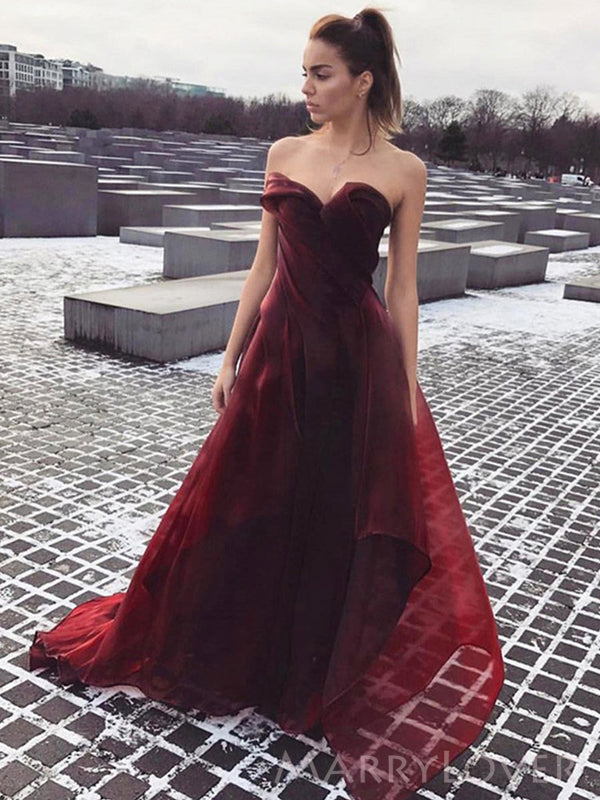 A-line Burgundy Organza Strapless Long Evening Prom Dresses, Custom Pr – MarryLover