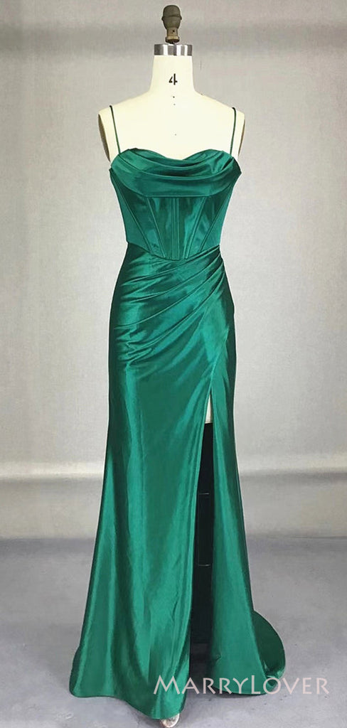 Mermaid Spaghetti Straps Green Satin Long Evening Prom Dresses, Custom High Slit Prom Dress, MR8635