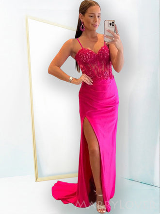 Hot Pink Satin Appliques Mermaid Spaghetti Straps Long Evening Prom Dresses, Custom Prom Dress, MR8636