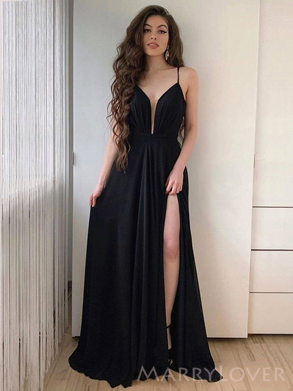 A-line Black Spaghetti Straps Long Evening Prom Dresses, Custom High Slit Prom Dress, MR8640