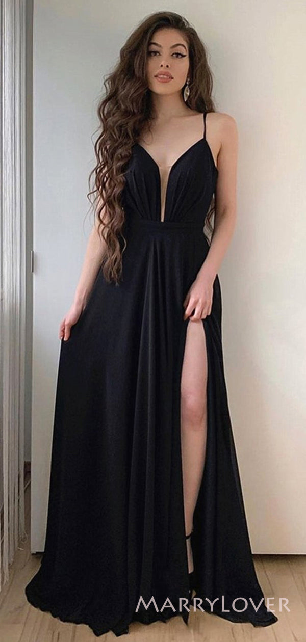 A-line Black Spaghetti Straps Long Evening Prom Dresses, Custom High S MarryLover A-line Black Spaghetti Straps Long Evening Prom Dresses, Custom High S MarryLover