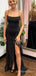 Mermaid Black Spaghetti Straps Long Evening Prom Dresses, Custom High Slit Prom Dress, MR8642