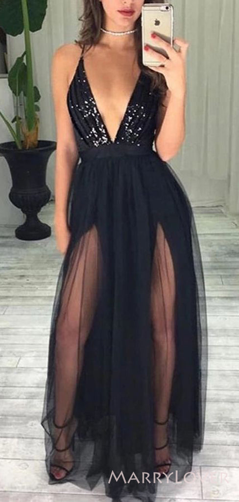 A-line Black Tulle Sequins Long Evening Prom Dresses, Custom Spaghetti Straps Prom Dress, MR8647