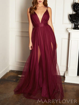 Deep V-neck Black Tulle Long Evening Prom Dresses, Custom A-line Prom Dress, MR8648