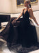 Black Tulle A-line Long Evening Prom Dresses, Custom High Slit Prom Dress, MR8649