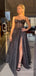 A-line Black Tulle Sparkly Spaghetti Straps Long Evening Prom Dresses, Custom High Slit Prom Dress, MR8650
