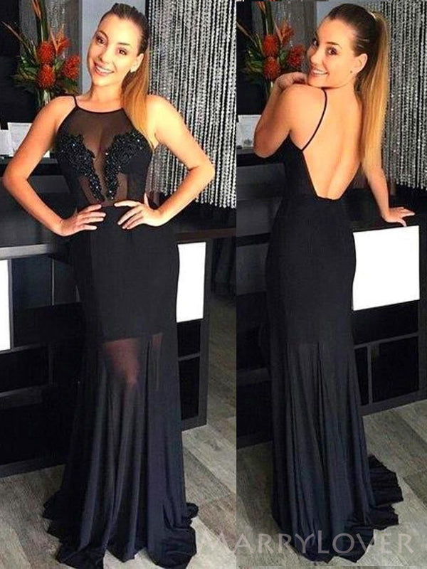 Spaghetti Straps Black Chiffon Beaded Long Evening Prom Dresses, Custom Mermaid Prom Dress, MR8653
