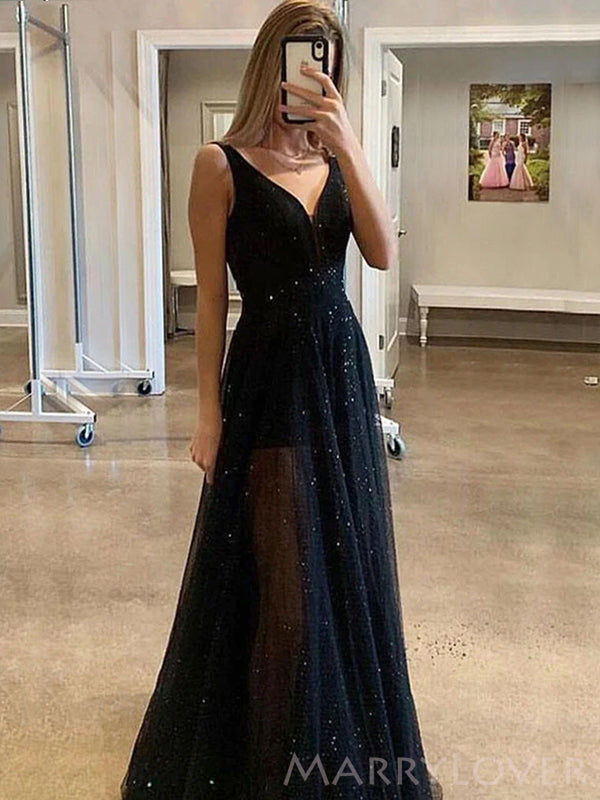 A-line Black Tulle Sparkly Long Evening Prom Dresses, Custom V-neck Prom Dress, MR8658
