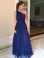 One Shoulder Navy Blue Tulle A-line Long Evening Prom Dresses, Custom Prom Dress, MR8660