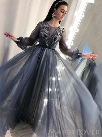 Long Sleeves Dusty Tulle Sppliques A-line Long Evening Prom Dresses, Custom Prom Dress, MR8663
