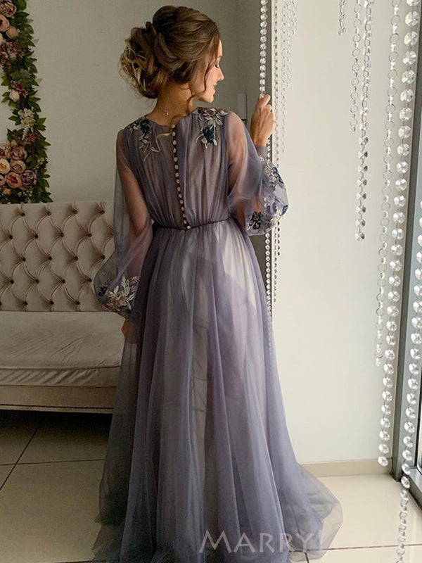 Long Sleeves Dusty Tulle Sppliques A-line Long Evening Prom Dresses, Custom Prom Dress, MR8663