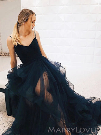 A-line Navy Blue Tulle Spaghetti Straps Long Evening Prom Dresses, Custom Prom Dress, MR8664