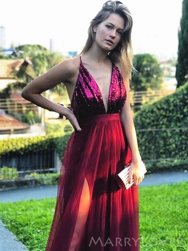 A-line Burgundy Tulle Sequins Spaghetti Straps Long Evening Prom Dress MarryLover A-line Burgundy Tulle Sequins Spaghetti Straps Long Evening Prom Dress MarryLover