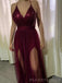 A-line Burgundy Tulle Sequins Spaghetti Straps Long Evening Prom Dresses, Custom Prom Dress, MR8666