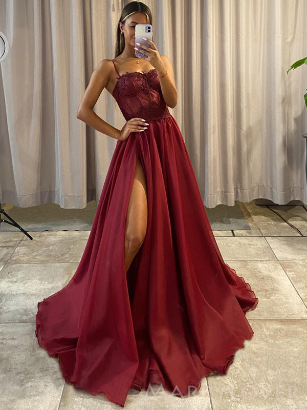 prom dresses with straps Spaghetti A-line Tulle Slit Cross Back Dress, FC4610 Dairy Bridal style bodice with adjustable straps Spaghetti Straps Satin Black Prom
