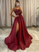 Spaghetti Straps Burgundy Organza Appliques Long Evening Prom Dresses, Custom High Slit Prom Dress, MR8667