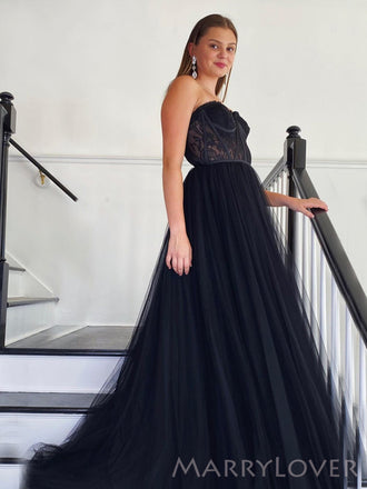 Black Tulle Strapless A-line Long Evening Prom Dresses, Custom Prom Dress, MR8668