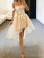 Off Shoulder Champagne Organza Appliques Short Evening Prom Dresses, Custom Homecoming Dress, MR8669