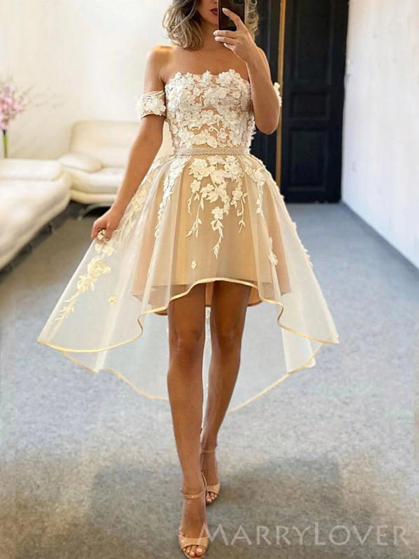 Off Shoulder Champagne Organza Appliques Short Evening Prom Dresses, C MarryLover Off Shoulder Champagne Organza Appliques Short Evening Prom Dresses, C MarryLover
