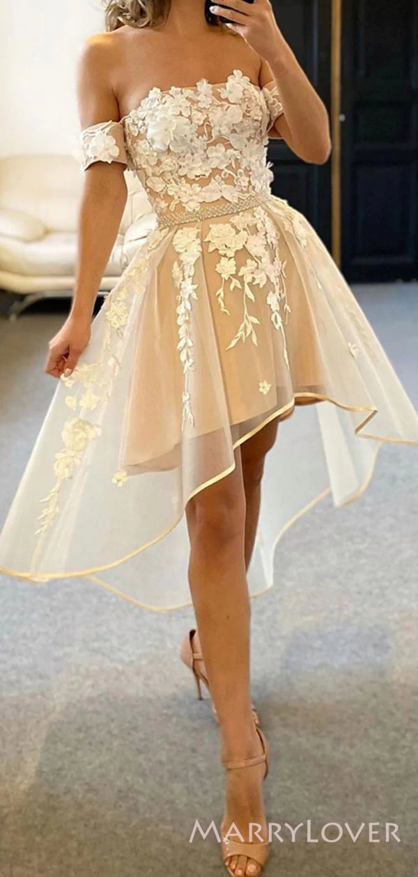 Off Shoulder Champagne Organza Appliques Short Evening Prom Dresses, C MarryLover Off Shoulder Champagne Organza Appliques Short Evening Prom Dresses, C MarryLover