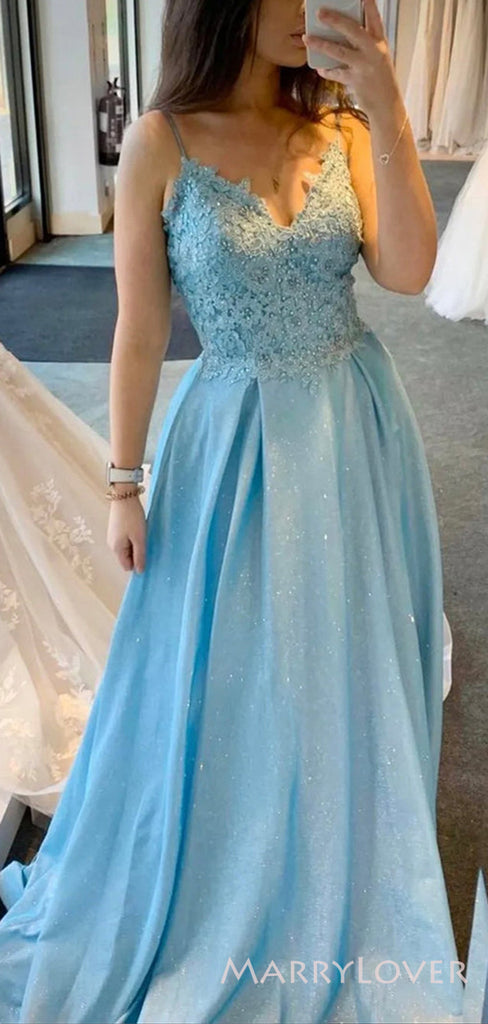 Spaghetti Straps Sky Blue Satin Sparkly Long Evening Prom Dresses, Custom A-line Prom Dress, MR8671
