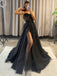 Sparkly Black Tulle A-line Long Evening Prom Dresses, Custom High Slit  Prom Dress, MR8677