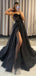 Sparkly Black Tulle A-line Long Evening Prom Dresses, Custom High Slit  Prom Dress, MR8677