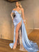 Mermaid Blue Satin One Shoulder Long Evening Prom Dresses, Custom Long Sleeves Prom Dress, MR8679