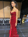 Red Sequins Spaghetti Straps Mermaid Long Evening Prom Dresses, Custom Side Slit Prom Dress, MR8680