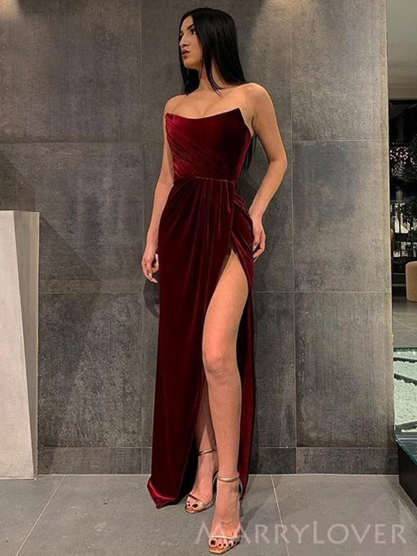 Mermaid Burgundy Velvet Strapless High Slit Long Evening Prom Dresses, Custom Prom Dress, MR8681
