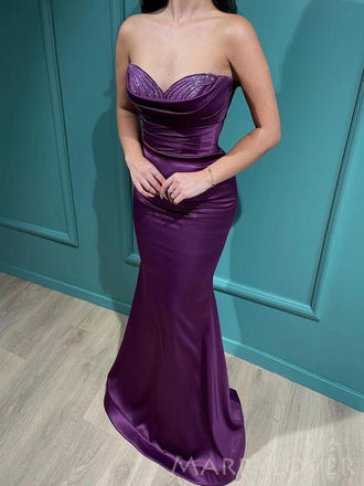 Mermaid Satin Strapless Long Evening Prom Dresses, Custom Sweet Heart Prom Dress, MR8683