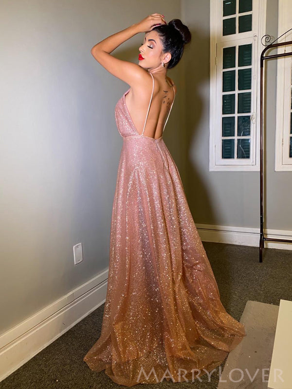 Deep V-neck A-line Rose Gold Tulle Sparkly Long Evening Prom Dresses, Custom Prom Dress, MR8691