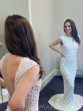 Mermaid Sequins Backless Long Evening Prom Dresses, Custom Prom Dress, MR8692