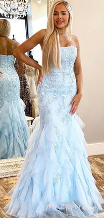 Mermaid Sky Blue Tulle Appliques Strapless Long Evening Prom Dresses, Custom Prom Dress, MR8695