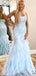 Mermaid Sky Blue Tulle Appliques Strapless Long Evening Prom Dresses, Custom Prom Dress, MR8695