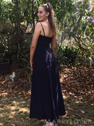 A-line Black Satin Side Slit Long Evening Prom Dresses, Custom Prom Dress, MR8696