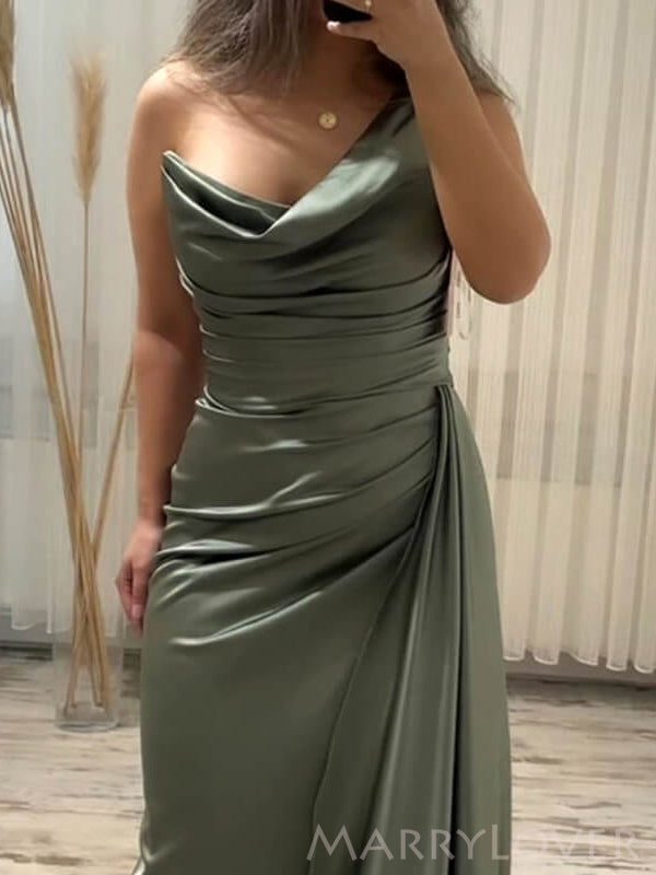 One Shoulder Satin V-neck Long Evening Prom Dresses, Custom Prom Dress, MR8699