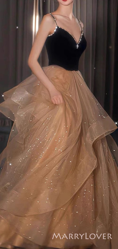 Unique Sparkly A-line Spaghetti Straps Tulle Long Evening Prom Dresses, Custom Prom Dress, MR8705